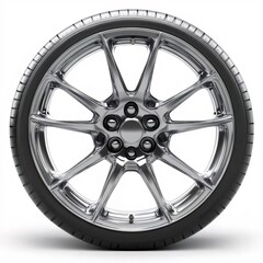 Obraz premium 自動車ホイールのクローズアップ詳細 白い背景の光沢のある金属と黒いゴム