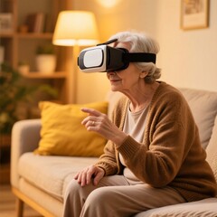 Obraz premium Elderly Woman Using VR at Home