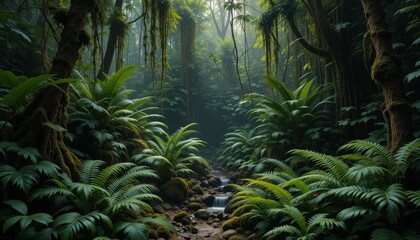 Obraz premium Tropical rainforest floor covered with ferns, moss, and vines in soft diffused morning light