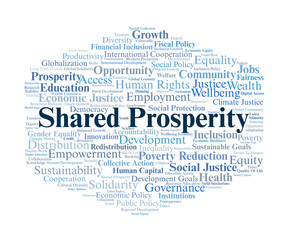 Shared Prosperity Word Cloud. Key Concepts On Equality, Inclusion, Social Justice, Economic Growth, Policy, And Human Development For A Fair And Sustainable Society.