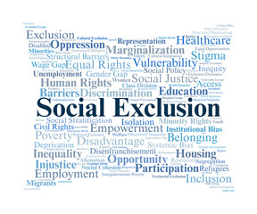 Social Exclusion Word Cloud. Key Concepts On Inequality, Marginalization, Rights, Barriers, Vulnerability, And Pathways Toward Inclusion And Justice In Society.