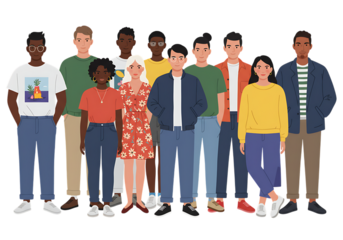 Group of young people and business professionals standing together smiling