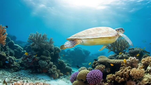 A serene sea turtle glides over a vibrant coral reef underwater.