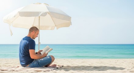A man reading a book under a white umbrella on a sandy beach.