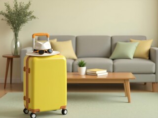 イエロー旅行カバンと帽子 ソファと枕があるリビングルーム 旅の準備と旅行をテーマにしたインテリア