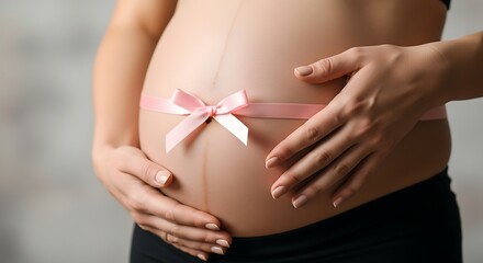 Expecting mother cradles her baby bump adorned with a sweet pink ribbon, symbolizing new life and joyous anticipation.