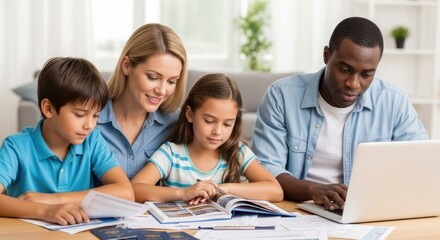 Fototapeta premium A family of four, consisting of a mother, father, son, and daughter, working together on a laptop in a home office setting.