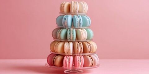 A meticulously constructed tower of pastel macarons rests on a clear glass cake stand. The macarons, in shades of pink, blue, mint green, peach, and pale yellow