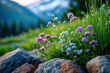 Obraz premium Wildflowers bloom near mountains at Dusk