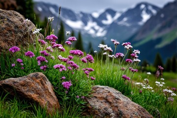 Obraz premium Flowers bloom in front of mountains