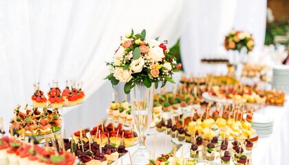 A beautiful array of appetizers and desserts, displayed on a buffet table, with a centerpiece of fresh flowers.