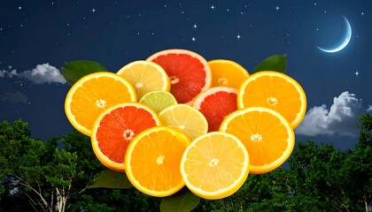 A vibrant arrangement of citrus slices against a night sky backdrop, showcasing a variety of colors and textures.