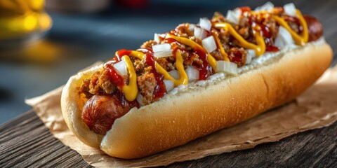 A close-up shot of a fully loaded hot dog resting on a piece of brown paper. The hot dog is nestled in a soft, white bun and overflowing with a generous topping of chili