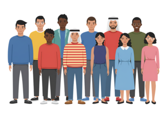 Group of young people and business team smiling together on white background