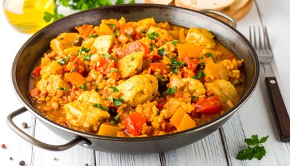 A vibrant pan of chicken, vegetables, and rice dish, showcasing warm autumnal hues and a comforting aroma.