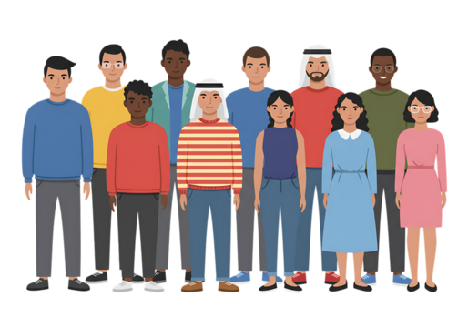 Group of young people and business team smiling together on white background