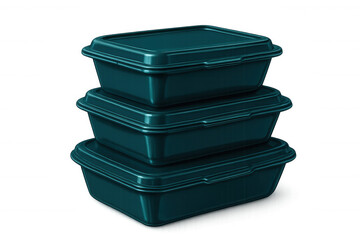 Three closed teal plastic food containers are stacked, ready for takeaway meals or leftovers, on a transparent background