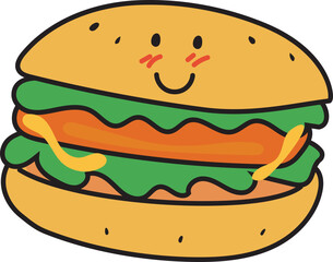 Delicious Cheeseburger Cartoon in Fun Hand-Drawn Doodle Style