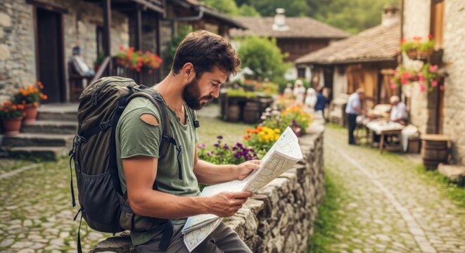 A man with a backpack reading a map in a picturesque village.