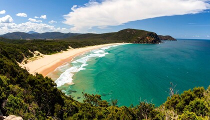 A wide-angle view of a pristine beach nestled within a lush coastal landscape, showcasing a vibrant turquoise sea and a soft, sandy shore.