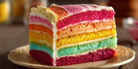 A vibrant, layered rainbow cake sits on a rustic, off-white plate. The cake is composed of multiple rectangular slices, each dyed a different pastel color 