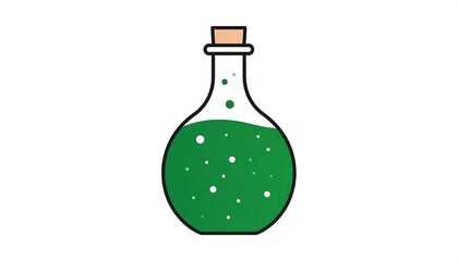 A simple, cartoon-style illustration of a glass bottle filled with a vibrant green liquid, detailed with small white bubbles.