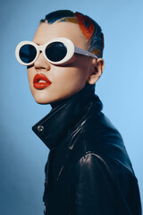 woman with colorful braided hair wearing white sunglasses and red lipstick dressed in black leather...