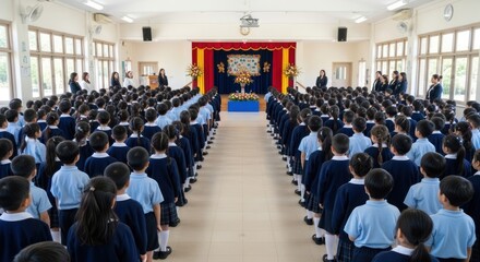 A large group of students in school uniforms standing in a classroom, facing a stage with a red curtain and a podium, during a ceremony or assembly.