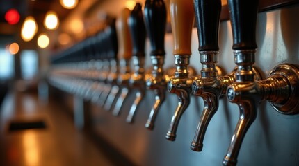 Row of metal beer taps with condensation on stainless draft wall, moody bar light, shallow focus.
