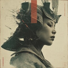 A stylized, mixed-media portrait of an Asian woman in a samurai helmet, blending a weathered, vintage texture with modern, abstract elements to convey strength and serenity.