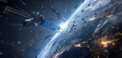 A dramatic view from orbit showing a satellite surrounded by a dense field of dangerous space junk above the Earth.