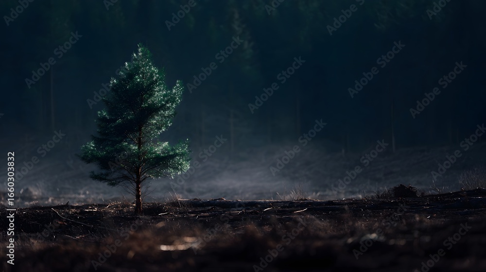 Poster lone tree standing in a cleared forest a symbolic sight with contrast lighting and sharp focus