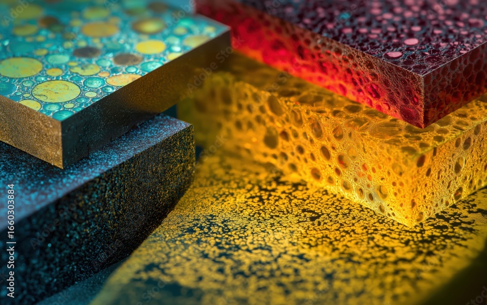 Poster a colorful abstract macro of textured geometric blocks. porous, sponge-like material contrasts with 