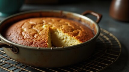 Close-up of cake slice in old metal tin, crumb texture, glaze drip, brass rack, moody side lighting, cozy feel.
