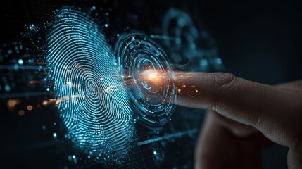 A finger touches a futuristic glowing interface, scanning a fingerprint for biometric authentication. A concept of cybersecurity, identity, and advanced technology.