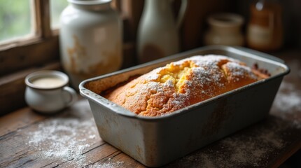 Golden birthday cake in an aged metal tin, powdered sugar, rustic kitchen, soft natural window light, warm inviting tones.
