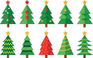 Collection of flat design christmas trees with stars and ornaments