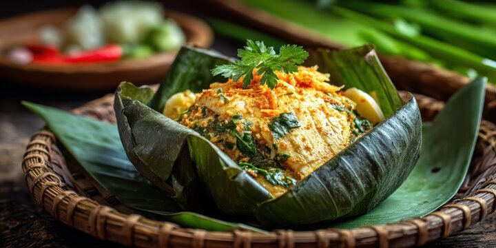 A close-up shot showcases a vibrant, traditional Thai dish, Khao Khiaw Vun, elegantly presented on a woven bamboo tray. 