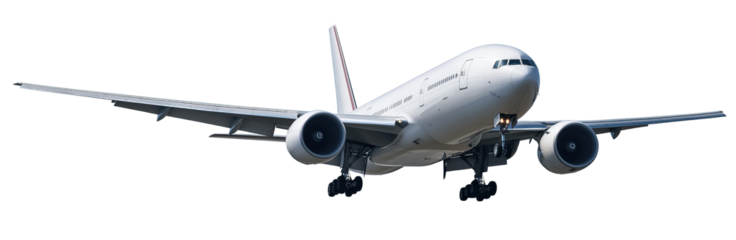 Commercial passenger airplane in flight, isolated on transparent background