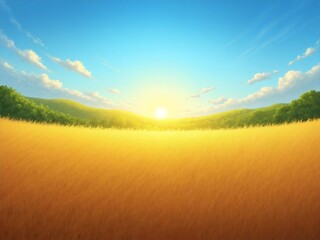 Naklejka premium ゴールデンフィールドの太陽光と青空 丘陵地帯と草原 夏の日の光景