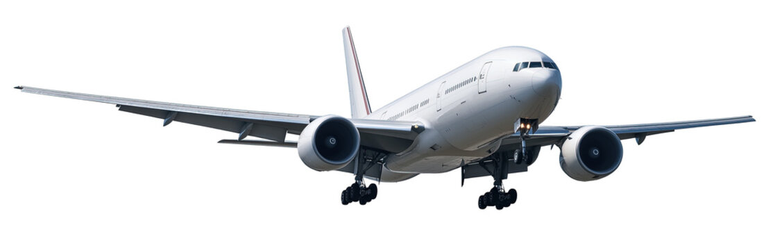 Commercial passenger airplane in flight, isolated on transparent background