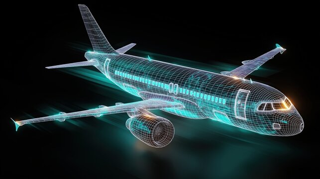 Futuristic wireframe airplane glowing in digital space
