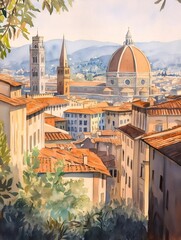 Obraz premium フィレンツェの街並みを描いた水彩画 鮮やかなオレンジ色の屋根と歴史的建造物