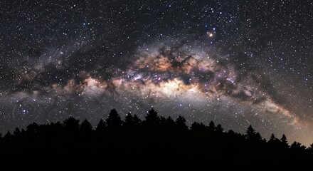 漆黒夜空輝く天の川 壮大な星空 シルエットの木々 (Shikkoku yozora kagayaku ten no kawa soudai na hoshizora shiruetto no kigi) Translation: Shining Milky Way in inky black night sky, magnificent starry sky, silhouetted trees.