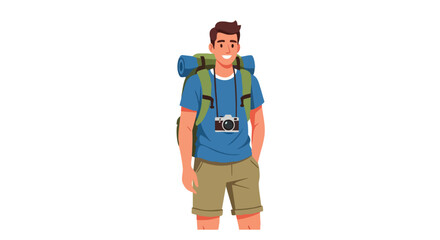 Happy young male traveler character with a large backpack and camera for hiking.