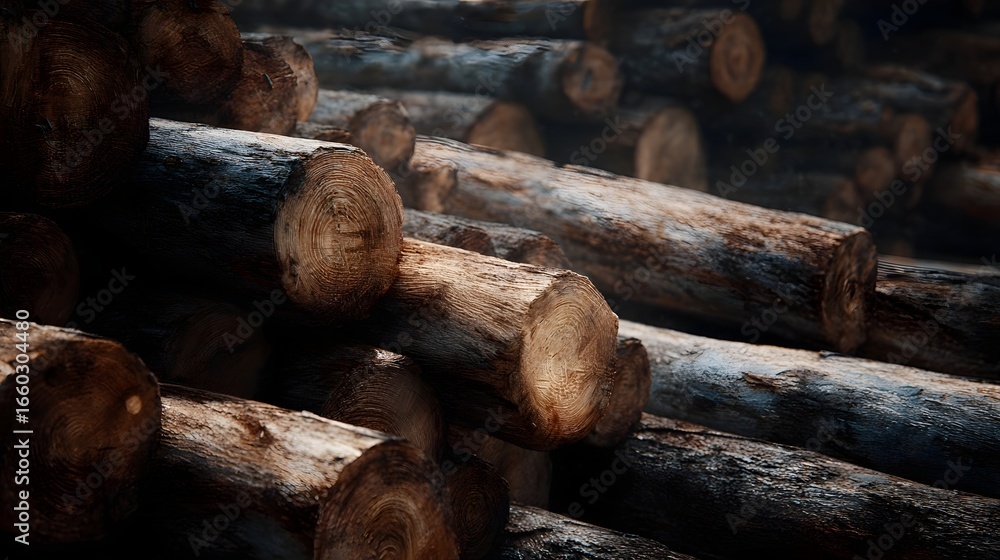 Poster piles of felled logs in a logging yard long title large piles of freshly felled logs stacked in a ru