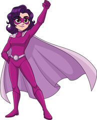 Confident cartoon female superhero in purple costume with cape, standing strong and empowered, perfect vector illustration for comic, feminism, and hero themes