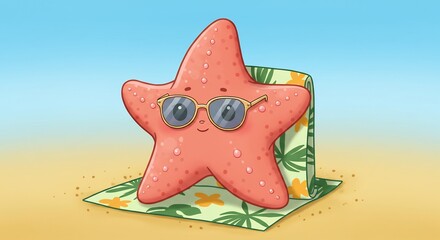 陽光浴びる可愛いヒトデ ビーチタオルでリラックス. AI Generated
