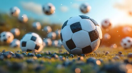 Naklejka premium 多数のサッカーボールが草地を埋め尽くす 鮮やかな光と影が躍動感を演出する 夏の日のスポーツシーン