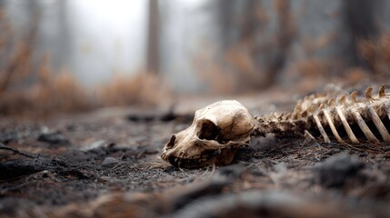 Weathered wildlife skeleton on a scorched forest floor